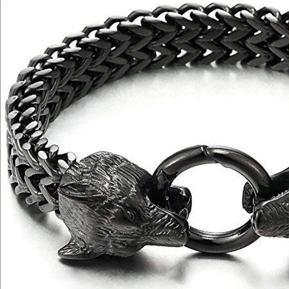 Men’s Black Thick Wolf Head Link Chain Bracelet - Picture 4 of 10